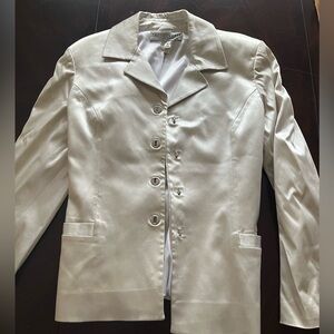 vintage silver satin blazer. size 8. griffith gray st.john. shoulder pads
